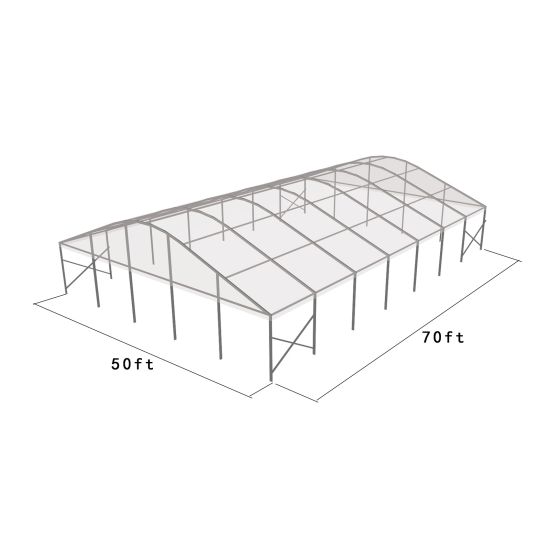 50'x70' curved event tent with silver frame and clear arched roof, open-sided structure displayed in product rendering with visible support beams