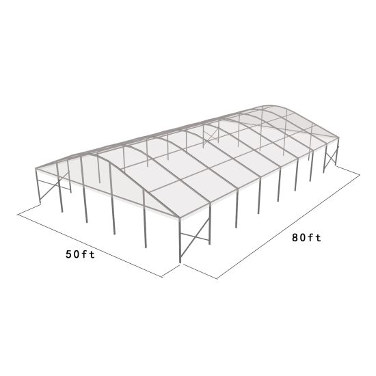 50'x80' curved event tent with silver frame and clear arched roof, open-sided structure displayed in product rendering with visible support beams