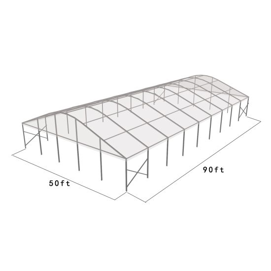 50'x90' curved event tent with silver frame and clear arched roof, open-sided structure displayed in product rendering with visible support beams