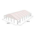 50'x70' curved event tent with silver frame and white arched roof, elegant open-sided structure shown in product rendering with support framing