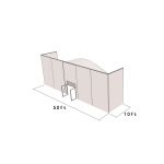 50'X10' square structure tent with silver frame and white top, featuring solid wall panels, curved roof profile, and front door entrance for enclosed event spaces