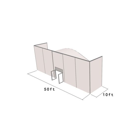 50'X10' square structure tent with silver frame and white top, featuring solid wall panels, curved roof profile, and front door entrance for enclosed event spaces