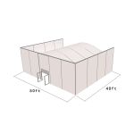 50'X40' square structure tent with silver frame and white top, featuring solid wall panels, curved roof profile, and front door entrance for enclosed event spaces
