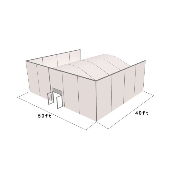 50'X40' square structure tent with silver frame and white top, featuring solid wall panels, curved roof profile, and front door entrance for enclosed event spaces