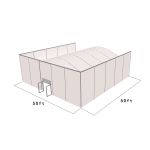 50'X50' square structure tent with silver frame and white top, featuring solid wall panels, curved roof profile, and front door entrance for enclosed event spaces