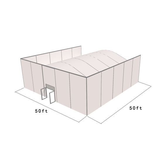 50'X50' square structure tent with silver frame and white top, featuring solid wall panels, curved roof profile, and front door entrance for enclosed event spaces