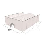 50'X50' square structure tent with silver frame and white top, featuring solid wall panels, curved roof profile, and front door entrance for enclosed event spaces