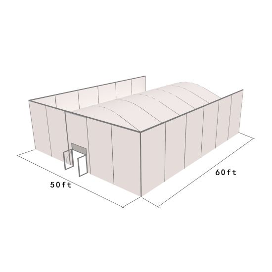 50'X50' square structure tent with silver frame and white top, featuring solid wall panels, curved roof profile, and front door entrance for enclosed event spaces