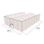 50'X70' square structure tent with silver frame and white top, featuring solid wall panels, curved roof profile, and front door entrance for enclosed event spaces
