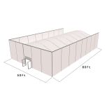 50'X80' square structure tent with silver frame and white top, featuring solid wall panels, curved roof profile, and front door entrance for enclosed event spaces