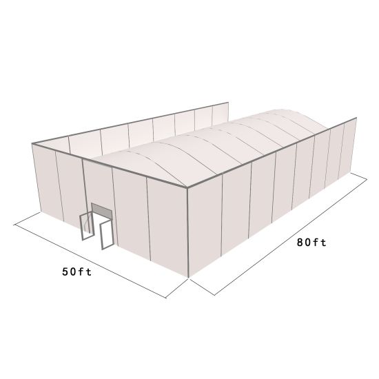 50'X80' square structure tent with silver frame and white top, featuring solid wall panels, curved roof profile, and front door entrance for enclosed event spaces