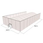 50'X90' square structure tent with silver frame and white top, featuring solid wall panels, curved roof profile, and front door entrance for enclosed event spaces
