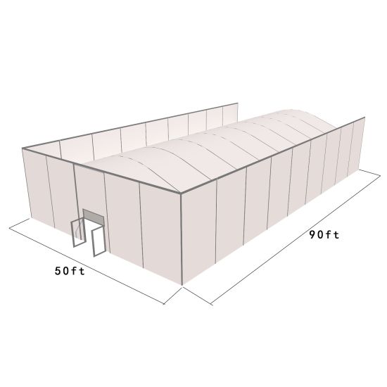 50'X90' square structure tent with silver frame and white top, featuring solid wall panels, curved roof profile, and front door entrance for enclosed event spaces