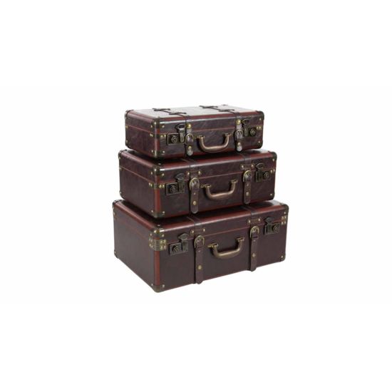 Set of three stacked vintage leather suitcases in brown tones, retro travel-inspired décor prop.