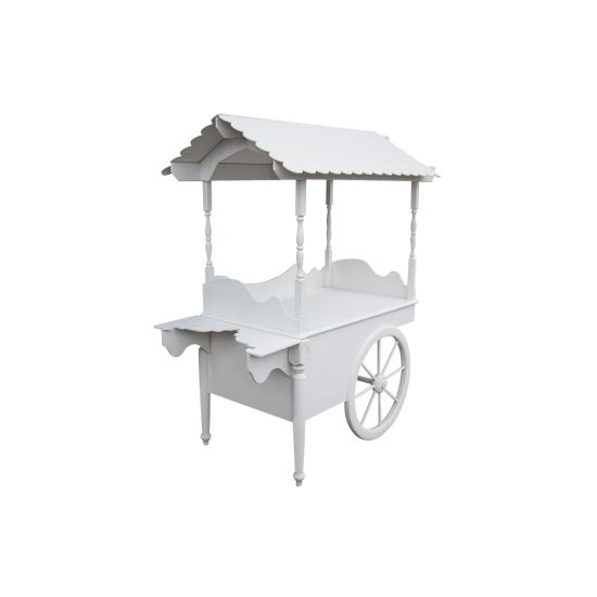 White vintage-style wagon cart with canopy roof and large wheels, deluxe display or dessert cart.