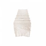 Cream macramé boho table runner with tassels and textured woven pattern, rustic wedding table décor.