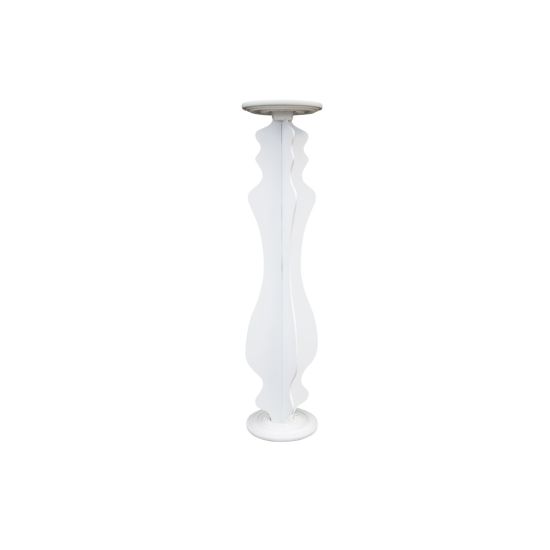 White rococo-style decorative column with curvy ornate silhouette and sculpted details, elegant pedestal for wedding décor and floral displays.