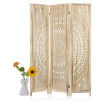 Natural wood folding room divider with ornate cutout pattern panels, decorative room screen for weddings, backdrops, and lounge décor.