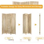 Natural wood folding room divider with ornate cutout pattern panels, decorative room screen for weddings, backdrops, and lounge décor.