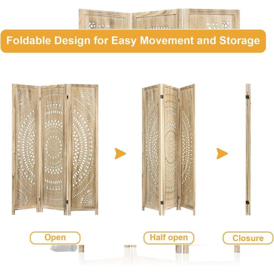 Natural wood folding room divider with ornate cutout pattern panels, decorative room screen for weddings, backdrops, and lounge décor.