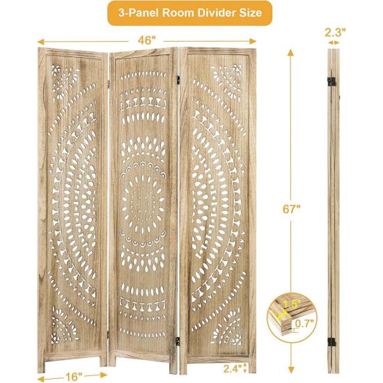 Natural wood folding room divider with ornate cutout pattern panels, decorative room screen for weddings, backdrops, and lounge décor.