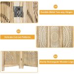 Natural wood folding room divider with ornate cutout pattern panels, decorative room screen for weddings, backdrops, and lounge décor.