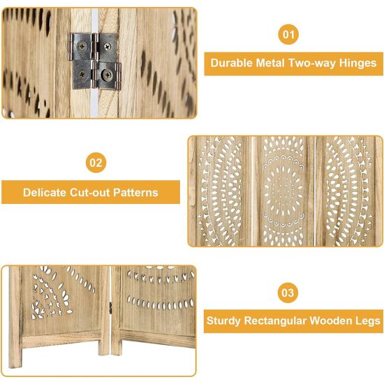 Natural wood folding room divider with ornate cutout pattern panels, decorative room screen for weddings, backdrops, and lounge décor.