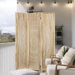 Natural wood folding room divider with ornate cutout pattern panels, decorative room screen for weddings, backdrops, and lounge décor.