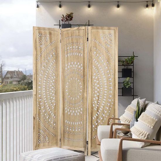 Natural wood folding room divider with ornate cutout pattern panels, decorative room screen for weddings, backdrops, and lounge décor.