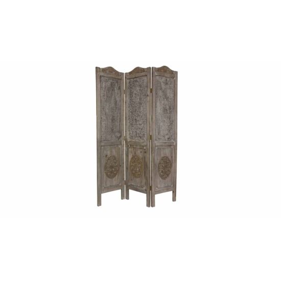 Vintage folding room divider with distressed wood frame and mesh-style panel design, rustic decorative screen for events and lounge areas.