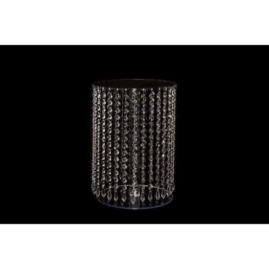 Round clear acrylic base with hanging crystal strands, 23-inch display riser for cakes, dessert tables, and wedding centerpiece décor.