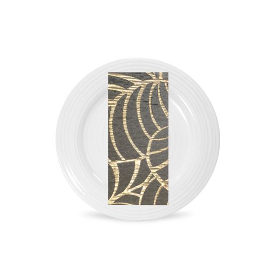 Golden Amazon leaf napkin with metallic leaf pattern folded on a white plate, elegant accent for wedding place settings and event tables