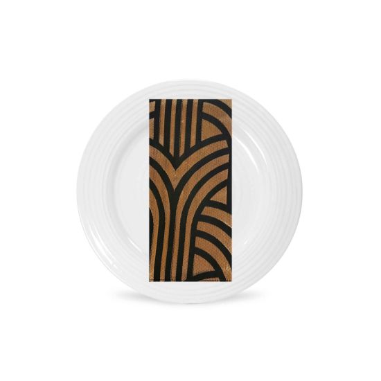 Gold art deco patterned napkin with bold geometric design folded on a white plate, elegant accent for wedding receptions and event tables