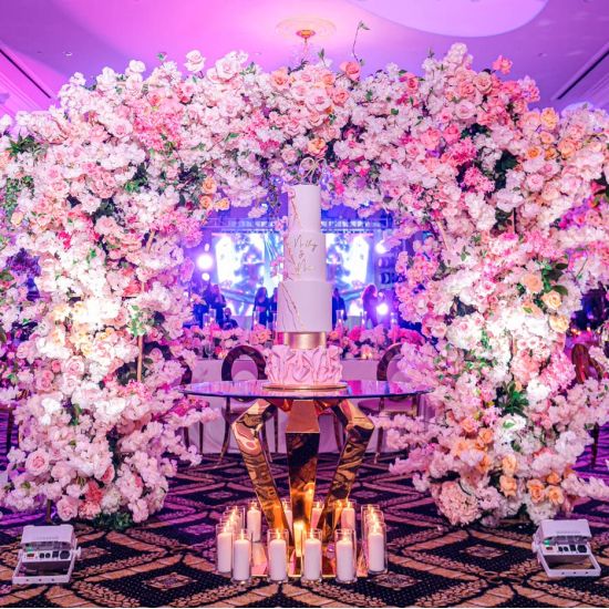 reflective silver mirrored highboy cocktail table with round top and sleek pedestal base for event rental