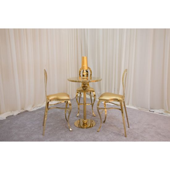 round gold-finish Reflection high-boy cocktail table with sleek pedestal base for luxury event rental