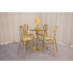 round gold-finish Reflection high-boy cocktail table with sleek pedestal base for luxury event rental
