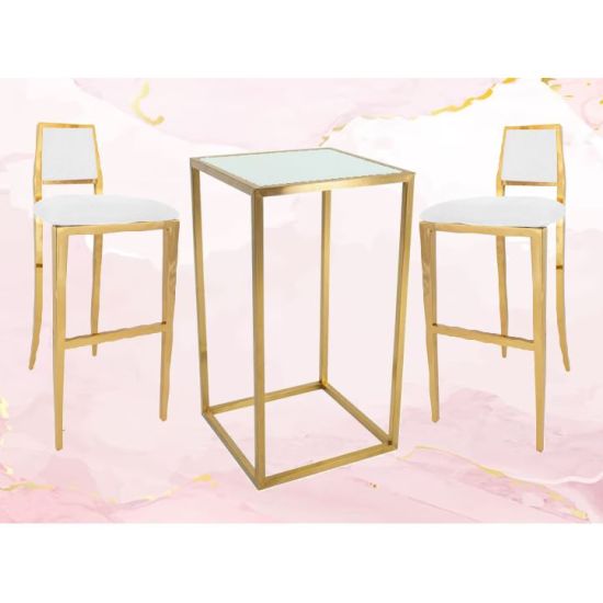 gold-metal frame high-boy cocktail table with glass top and open minimalist cube base for luxury event rental