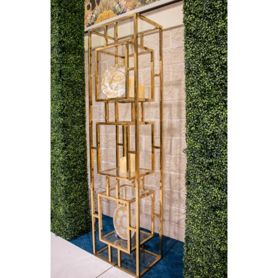 Silver metallic Reflection Bar Back Cannes Small shelving unit with glass display shelves for luxury event bar backdrop