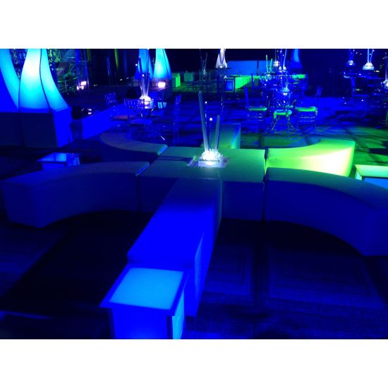 Soho black square bench with modern cube design, lounge ottoman or accent seating rental for events and wedding lounges.