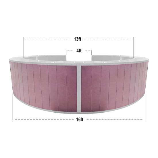 Curved white high-gloss acrylic event bar rental unit with rose-gold trim and modern lounge design