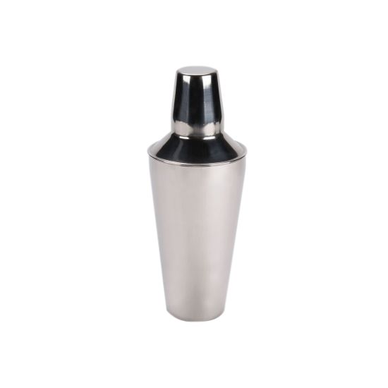 Stainless steel bar shaker with black top, used for mixing cocktails and drinks for weddings, bars, and catered events
