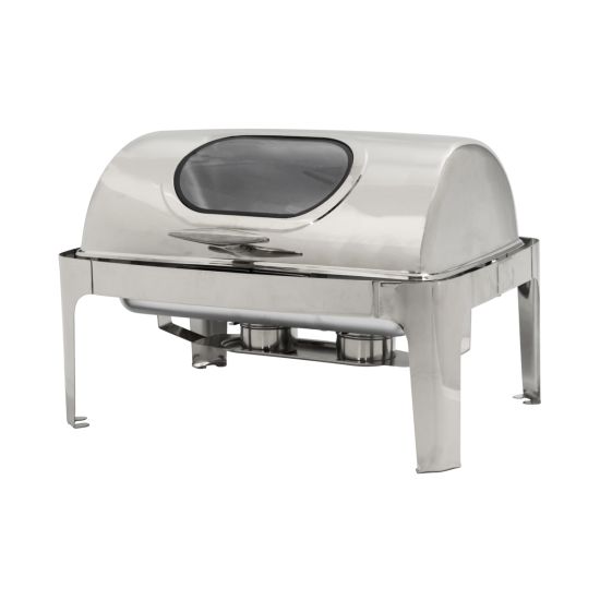 Silver 8-quart chafing dish with roll-top lid for keeping buffet food warm, ideal for catering, parties, and weddings