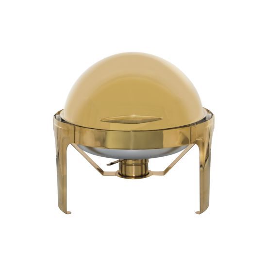 Round gold chafing dish with domed lid, designed to keep buffet dishes warm during catering service, banquets, and events