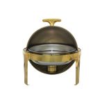 Round gold chafing dish with domed lid, designed to keep buffet dishes warm during catering service, banquets, and events