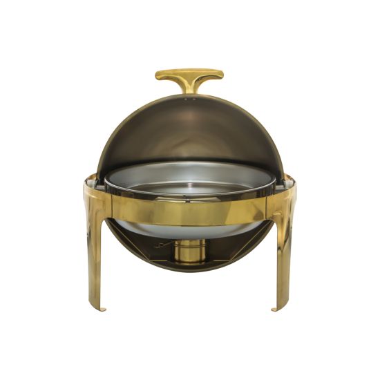 Round gold chafing dish with domed lid, designed to keep buffet dishes warm during catering service, banquets, and events
