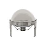 Round silver chafing dish with domed lid, designed to keep buffet food warm during catered events, banquets, and receptions