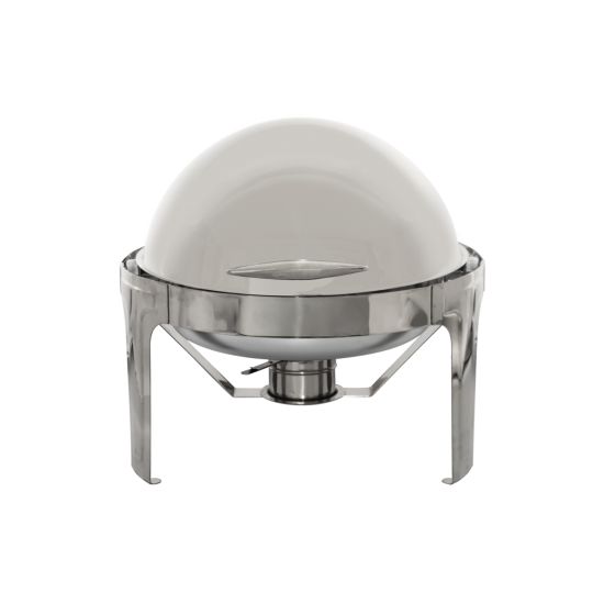 Round silver chafing dish with domed lid, designed to keep buffet food warm during catered events, banquets, and receptions