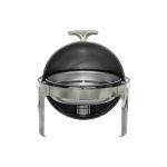 Round silver chafing dish with domed lid, designed to keep buffet food warm during catered events, banquets, and receptions