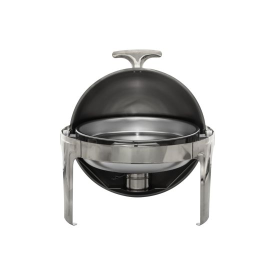 Round silver chafing dish with domed lid, designed to keep buffet food warm during catered events, banquets, and receptions