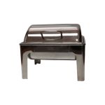 Square silver chafing dish with hinged lid for buffet food warming, perfect for catered events, banquets, and receptions